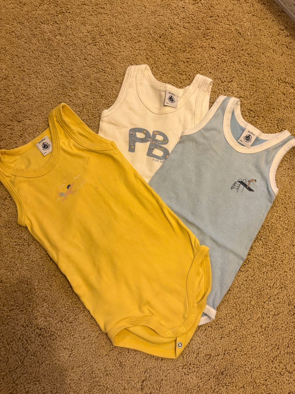 Petit bateau- set of 3 Baby Sleeveless Onesies - Yellow, Cream, Light Blue 18mo.